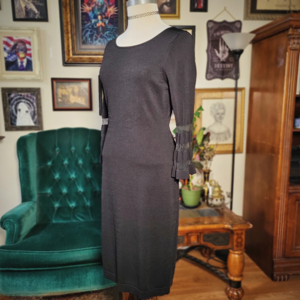 CALVIN KLEIN Womens Black Midi Ruffle Trim Sleeve Sheath Dress - Medium - Picture 6 of 8